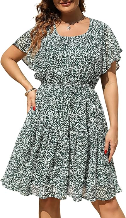 Nemidor Womens Casual Plus Size Summer Boho Chiffon Print Midi Skater Dress with Ruffle Sleeve NEM297