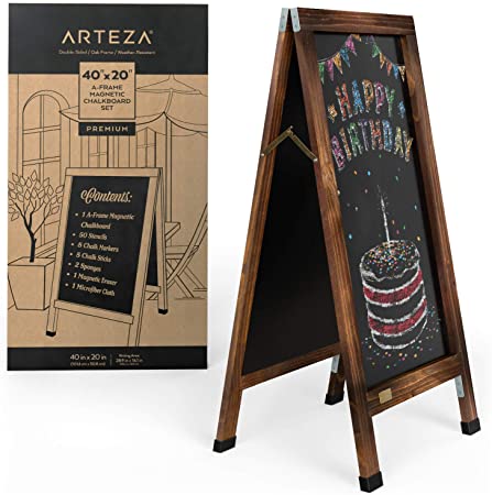 Arteza A-Frame Chalkboard Easel Set, 40x20 Inch Outdoor Chalkboard Sign with Chalk Sticks, Chalk Markers, Erasers, and Stencils, Standing Sign for Businesses, Announcements & Events