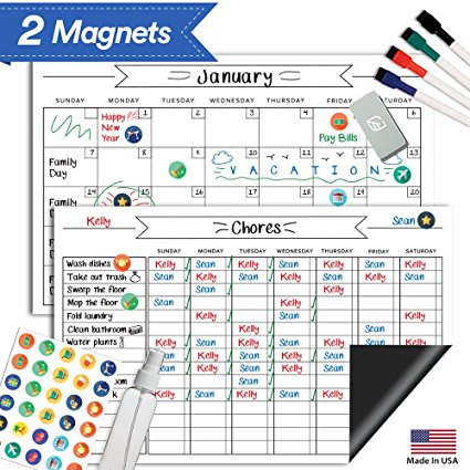 Magnetic Behavior Chore Chart Set - 17" x 11" - Dry Erase Refrigerator Reward Incentive for Kids - Reusable Monthly Calendar - Multiple Family Responsibility Magnet - Toddler Children Teen Adult