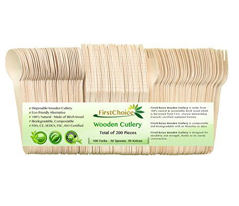 Disposable Wooden Cutlery Sets - 200 Piece Total: 100 Forks, 50 Spoons, 50 Knives, 6" Length Eco Friendly Biodegradable Compostable Wooden Utensils Wooden Cutlery By First Choice