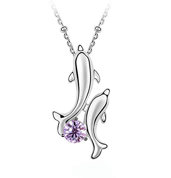 Rigant White Gold Plated Happy Play Dolphins with Round Cubic Zirconia Crystal Necklace Fashion Jewelry for Women