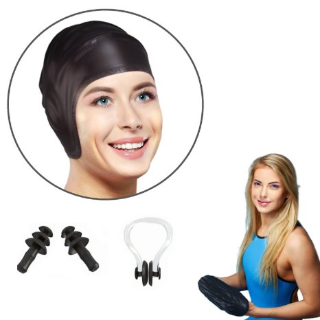 Premium Swimming Cap (Nose Clip and Ear Plugs Free), KaptronTM Swim Cap for Long Hair, Highly Elastic, For Men and Women