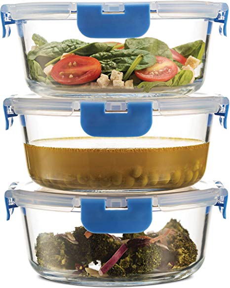 Superior Glass Round Meal Prep Containers -3pk(32oz) Newly Innovated Hinged BPA-free Locking lids- 100% Leak Proof Glass Food Storage Containers, Great on-the-go, Freezer to Oven Safe Lunch Containers