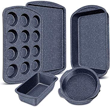 Nonstick Bakeware Set, 6-Pieces Set, Stylish and versatile Bakeware Set with 12-Cup Muffin Pan, Loaf Pan, 2 Round Cake Pans, Roasting Pan,Cookie Sheet, Kitchen Baking Tools. Navy Blue