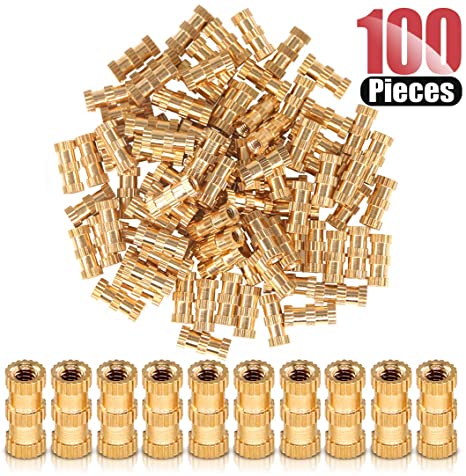 Hilitchi 100 Pcs Female Thread Brass Knurled Threaded Insert Embedment Nuts, Embed Parts, Pressed Fit into Holes for 3D Prints and More Projects (M2x8mmx3.5mm)