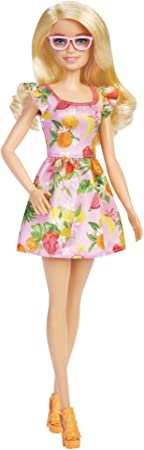 Barbie Fashionistas Doll, with Blonde Hair & Fruit Print Dress, Ruffled Sleeves, Orange Platform Heels, Pink Eyeglasses, Toy for Kids 3 to 8 Years Old