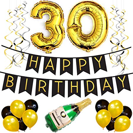 Sterling James Co. 30th Birthday Party Pack – Black & Gold Happy Birthday Bunting, Poms, and Swirls Pack- Birthday Decorations – 30th Birthday Party Supplies