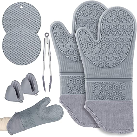 Kaqinu Silicone Oven Mitts Baking Set，Extra Long 7Pcs Quilted Liner Heat Resistant Non-Slip Gloves with Mini Oven Gloves and Hot Pads Potholders & Tongs for Kitchen Cooking