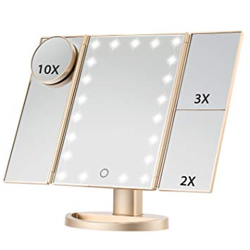 Lighted Makeup Mirror, Magicfly 10X 3X 2X 1X Magnifying Mirror 21 LED Lighted Tri-Fold Makeup Mirror with Touch Screen and 180° Adjustable Stand, Dual Power Mode Travel Beauty Mirror (Gold)