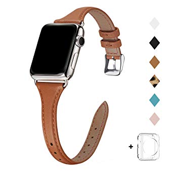 Bestig Leather Band Compatible for Apple Watch 38mm 40mm 42mm 44mm, Slim Thin Genuine Leather Replacement Strap for iWatch Series 5/4/3/2/1 (Brown Band Silver Adapter, 38mm 40mm)