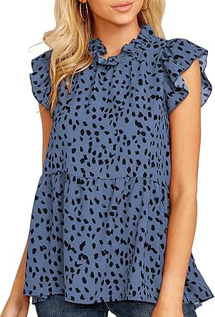 Angashion Women's Tops Casual Floral Print Cap Sleeve Ruffle Neck Loose Babydoll Shirt Blouse Tunic Top