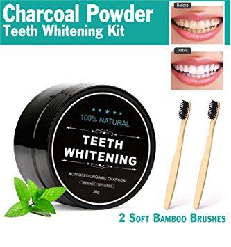 Activated Charcoal Teeth Whitening Powder Kit with 2 Bamboo Toothbrushes