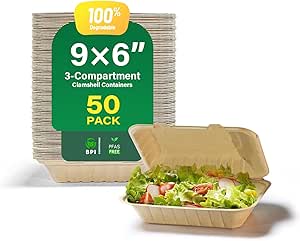 yoyomax 100% Compostable To Go Food Containers with Lids - Heavy-Duty Quality. Made from Natural Sugar Cane Fibers, Eco-Friendly & Biodegradable.[9X6, 50-Pack]