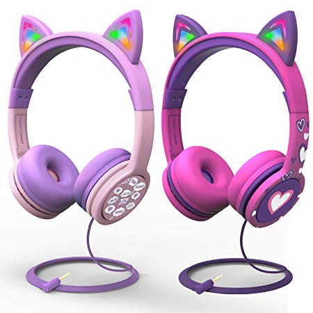 FosPower Kids Headphones Bundle Pack with LED Light Up Cat Ears 3.5mm On Ear Audio Headphones for Kids with Laced Tangle Free Cable (Max 85dB) -Baby Pink/Lavender   Hot Pink/Purple