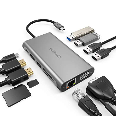 USB C Hub Adapter Omars Type C Adapter Docking Station Hub with USB C to HDMI 4K HDMI,1000Mbps Ethernet LAN Port, 3,5mm Aux, 3X USB 3.0, TF/SD Card Reader for MacBook (11口hub, Silvery)