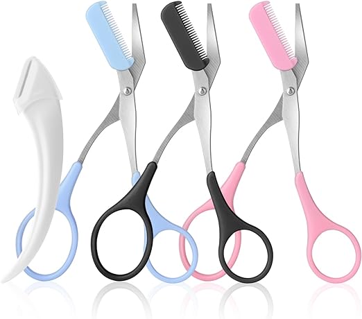 3pcs-Eyebrow Scissors with Eyebrow Razor,Professional Eyebrow Trimmer Scissors with Comb,Non Slip Finger Grips Eyebrow Trimmer, Hair Removal Beauty Accessories for Men Women (Black, Pink, Blue)