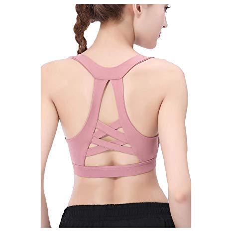 KeHuiYing Women's Racerback Sports Bra, Removable Pad High Impact Support Gym Yoga Top Strappy Back Sport Bra