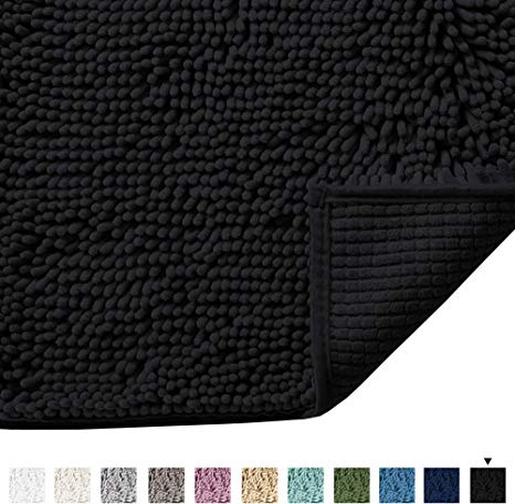 Plush Luxury Chenille Bath Rug (24x17) Extra Soft and Absorbent Shaggy Bathroom Mat Rugs, Machine Wash/Dry, Strong Underside, Plush Carpet Mats for Kids Tub, Shower, and Bath Room(Black)