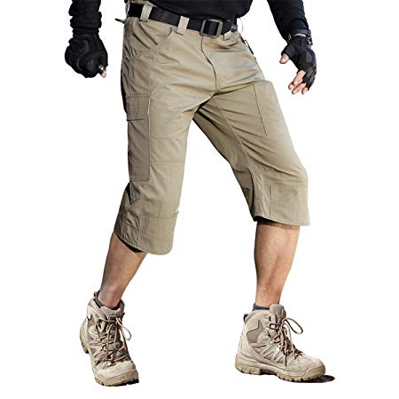 FREE SOLDIER Men's Capri Shorts Pants Casual Loose Fit Water Resistant Work Hiking Shorts Multi Pockets Tactical Cargo Shorts