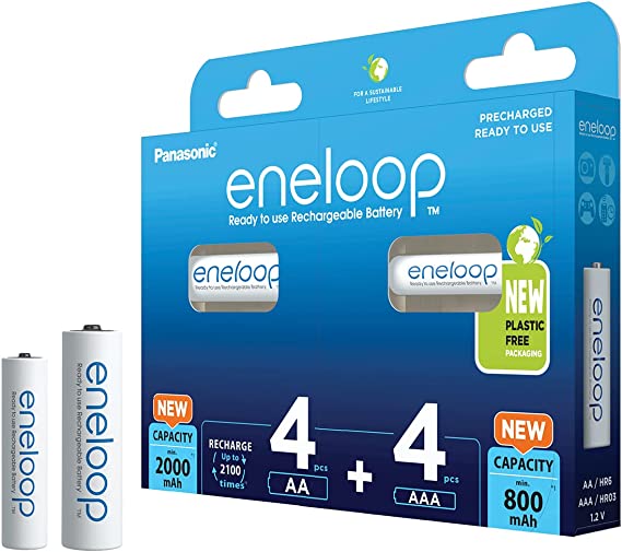 Panasonic eneloop ready-to use Ni-MH battery, 8-pack with 4 AA   4 AAA with improved capacity, 2100-charge cycle life, high power performance, plastic free packaging