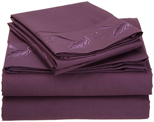 Cathay Home Fashions Luxury Silky Soft Leaf Design Embroidered Microfiber King Sheet Set, Plum