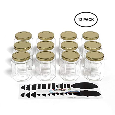 Hexagon Glass Jars by Nellam - 6oz, 12 Pack. Includes 24 Chalk Sticker Labels and Chalk Pen. DIY Jars for Canning, Party Favors, Jams, Sauces, Herbs, Spices. (Gold Lid)