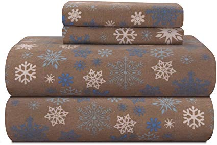 Pointehaven Heavy Weight Printed Flannel Sheet Set, King, Snow Flakes/Tan