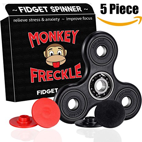 Monkey Freckle Figit Spinner Toy - Fidget Tri 360 Spinners with Extra Caps, Si3n4 Premium Hybrid Ceramic Bearing Fijit Toys for Office Home School & Reducing Stress, Innocent Fun, Quit Smoking (Black)