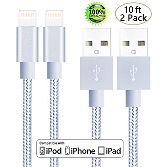 Aonear iPhone Cable,2Pack 10FT Extra Long Nylon Braided Cord Lightning Cable to USB Charging Charger for iPhone 7/7 Plus/ 6/6S/ 6/6S Plus/ 5/5S/SE/5C,iPad,iPod Nano 7 (Silver,2Pack 10FT)