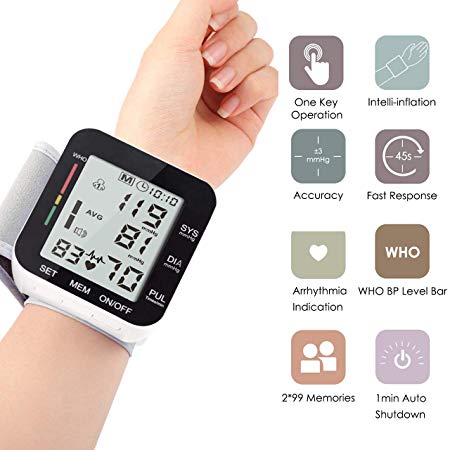 Automatic Wrist Blood Pressure Monitor Voice Broadcast High Blood Pressure Monitors Portable LCD Screen Irregular Heartbeat Monitor with Adjustable Cuff and Storage Case Powered by Battery -White