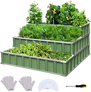 KING BIRD 3 Tiers Raised Garden Bed Dismountable Frame Galvanized Steel Metal Patio Garden Elevated Planter Box 46’’x46’’x23.6’’ for Growing Vegetables Flower (Green)