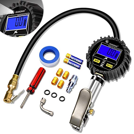 HUANZHAN Digital Tire Pressure Gauge Inflator with Pressure Gauge,Heavy Duty 250 PSI Air Chuck and Compressor Accessories with Rubber Hose and Quick Connect with 0.1 Display Resolution