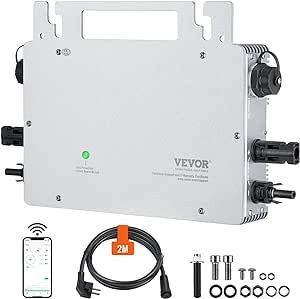 VEVOR Micro Onduleur Solaire Lié au Réseau 800 W Micro-onduleur Solaire Étanche IP65 Alliage d'Aluminium Tension CC 18-50 V avec Antenne APP WiFi Cordon d'alimentation pour Systèmes Panneaux Solaires