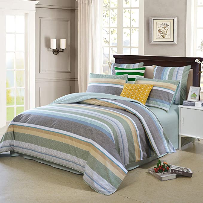 Softta Vintage Cal King Size Luruxy Bedding Set 3Pcs Duvet Cover Set Boho Golden Blue White Gray Stripe 100% Egyptian Silky Sateen Cotton Reversible Home Bedding Collection Spa Blue 104×98 Inches