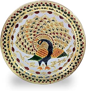 Craftsman Karwa Chauth Decorative Pooja Thali Platter Beautiful Peacock Design for Hindu Temple Rituals, Mandir Accessory - Diwali Gift,Pujan Karvachauth Deepawali Indian Gift Items Nakshi Plate