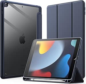 JETech Case for iPad 10.2-Inch (9th/8th/7th Generation, 2021/2020/2019) with Pencil Holder, Clear Transparent Back Shell Slim Stand Shockproof Tablet Cover, Auto Wake/Sleep (Deep Navy)