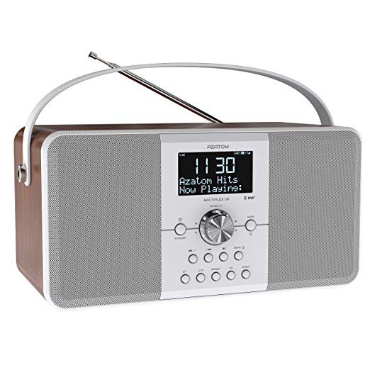AZATOM Multiplex DAB  FM Digital Radio & Alarm Clock - Bluetooth 5.0 - Stereo Speaker - Twin Alarms - Massive Rechargeable Battery - USB Mobile Phone Charging - Premium Sound (Walnut)