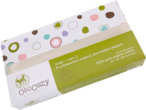 OsoCozy Organic Cotton Prefold Cloth Diapers Traditional Fit Large 4x8x4 Layering (6pk) - Super-Soft, Thick, Absorbent, Durable and Ecologically Friendlier. Unbleached Natural Color, Fits 15-30 Lbs.