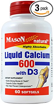 Mason Natural Vitamin Calcium Liquid 600 Mg with Vitamin D Softgels, 60-Count Bottles (Pack of 3)