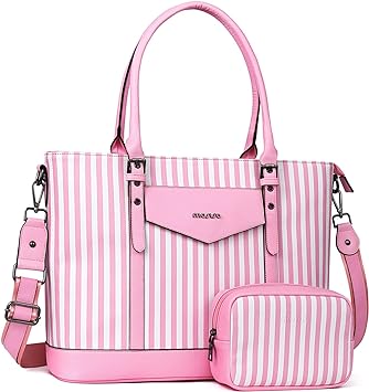 MOSISO Laptop Tote Bag for Women Compatible with MacBook, 17-17.3 inch Notebook and Chromebook, Waterproof Vertical Stripe PU Leather Travel Computer Bag with Envelope Pocket & Small Purse, Pink