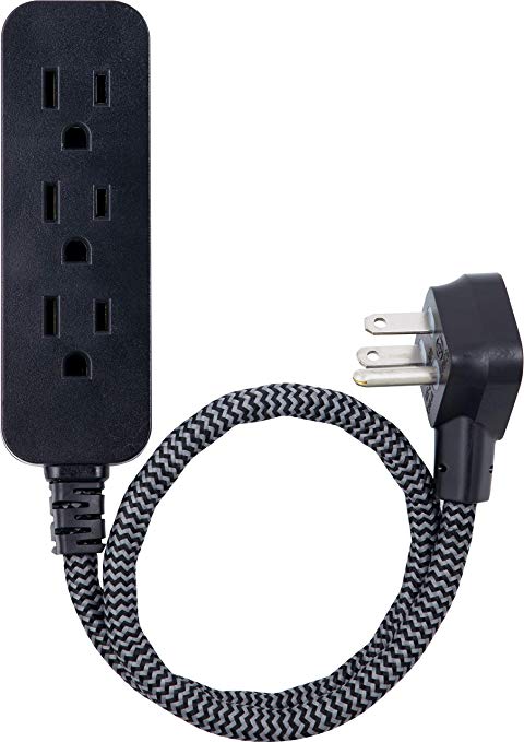 GE Designer Power Strip, 1 Ft Braided Extension, 3 Grounded Outlets, Flat Plug, Mini Cord, Premium, Black, 45191