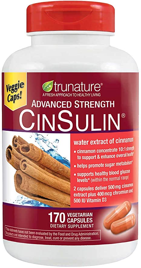 TruNature Advanced Strength Cinsulin Cinnamon, Chromium Picolinate, Vitamin D3 Cinnamon 500 Mg, Chromium Picolinate, 400 Mcg, Vitamin D3, 500 Iu , 170 Capsules by TruNature