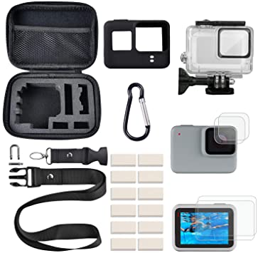 FINEST  Accessories Kit for GoPro Hero 7 White/Silver Waterproof Housing Tempered Glass Screen Protector Carrying Case Sleeve Case Carabiner Anti-Fog Inserts for Go Pro Hero 7White/Silver