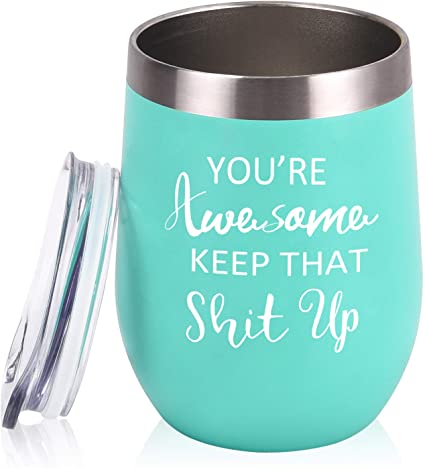 Thank You Gifts, You're Awesome Wine Tumbler, Birthday Christmas Gifts for Women Friends Wife Mom, 12 Oz Insulated Stainless Steel Wine Tumbler with Lid, Funny Ideas for Women Friends Girlfriend, Mint