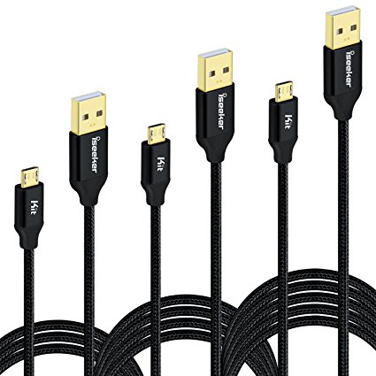 iSeekerKit Nylon Braided Micro USB 2.0 Fast Charging Cable, 3 Pack (3 Feet, 6 Feet, 10 Feet) - Black