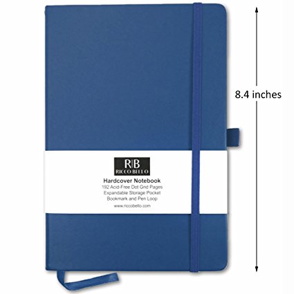 Classic Dotted Grid Notebook with Pen Loop / RICCO BELLO Hardcover Journal, Banded, Bookmark, Expandable Pocket / 5.7 x 8.4 inches (Royal Blue)