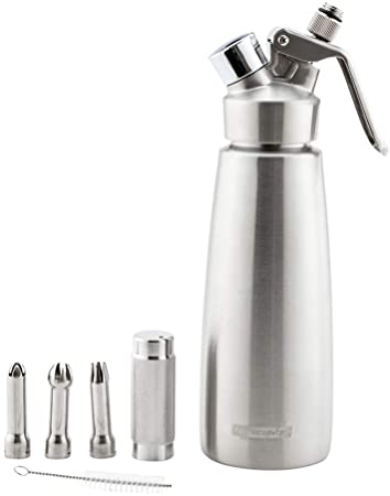 Whip Tek 1L Stainless Steel Professional Whipped Cream Dispenser - with 3 Decorator Tips - 1 count box - Restaurantware, Silver