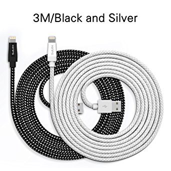 Apple Cable [Apple MFi Certified]- Kinps® 10ft/3m Nylon Braided Lightning USB Cable with Heat- Resistant Connector for iPhone, iPod and iPad (10FT Black&Silver)