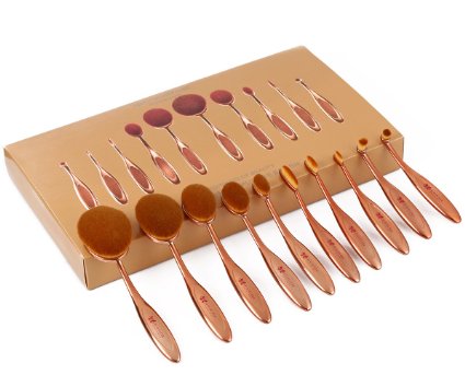 Neverland Beauty 10pcs Deluxe Rose Gold Toothbrush Elite Oval Make-up Brushes Set Powder Foundation Contour with Case Box（With Gift）