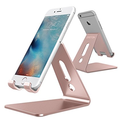 [Updated Solid Version] OMOTON Desktop Cell Phone Stand Tablet Stand, Advanced 4mm Thickness Aluminum Stand Holder for Mobile Phone (All Size) and Tablet (Up to 10.1 inch), Rose Gold